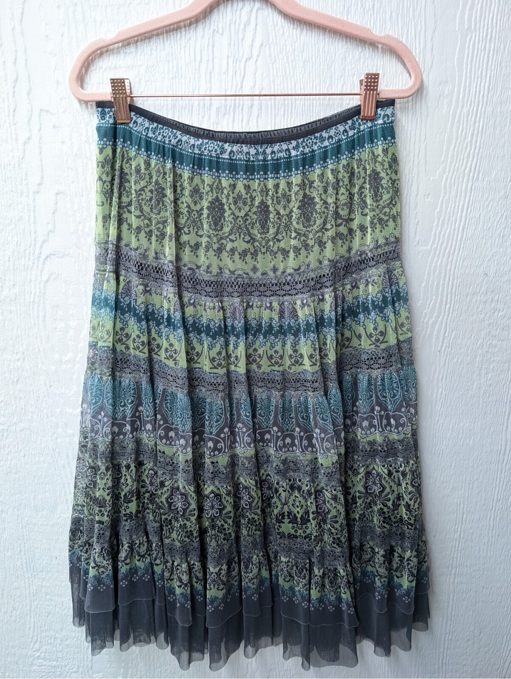 Lapis Green Boho Floral Pull-On Tiered Skirt Hippie Fairycore Artsy Festival Med